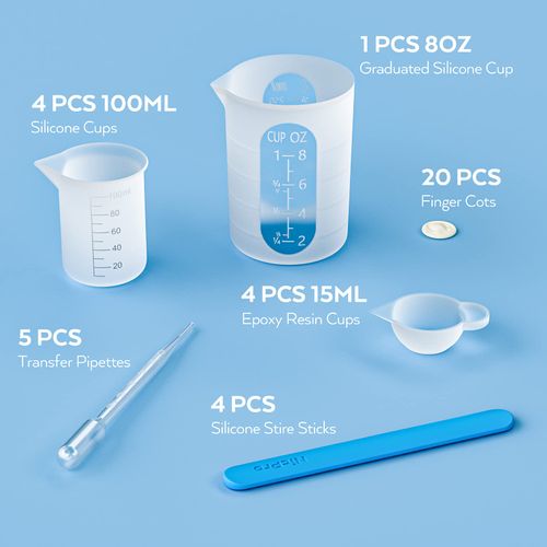 Nicpro Silicone Measuring Cup Tool Kit 250 & 100ml Measuring Cups Silicone Popsicle Stirring Sticks Pipettes Epoxy Mixing Finger Sack Mold for Jewelry Making and Waxing Easy Care