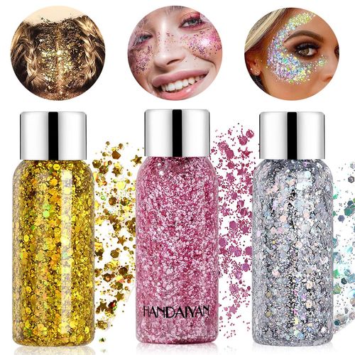 Glitter Body Gel, Hillylolly 3 Bottiglie Gel Glitterato Viso, Glitter Gel per Corpo, Glitter Gel Capelli, Glitter Gel Make Up, Glitter Gel Occhi, con Spatola, per Feste, Maschera, Carnevale