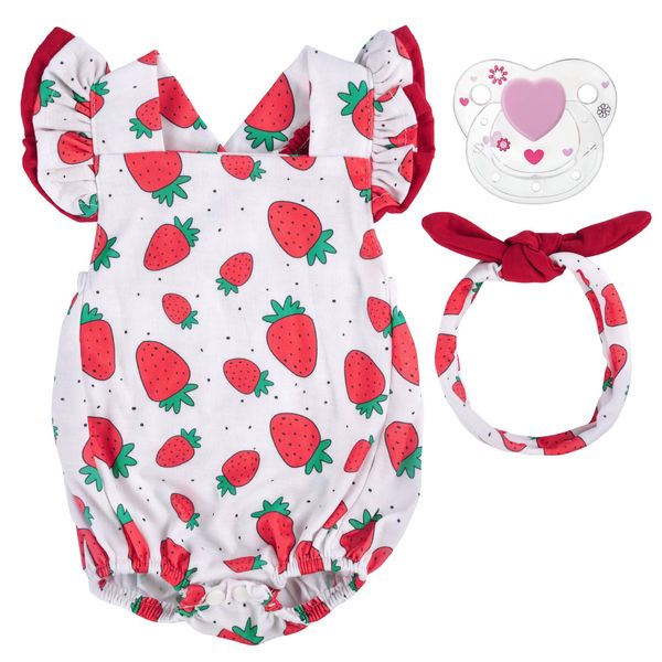 BABESIDE 3Pcs Reborn Baby Doll Clothes for 20- 22 Inch Dolls, Strawberries Baby Doll Clothes Outfits fit Reborn Baby Dolls, Baby Doll Accessories with Magnetic Pacifier for Newborn Baby Doll Girl