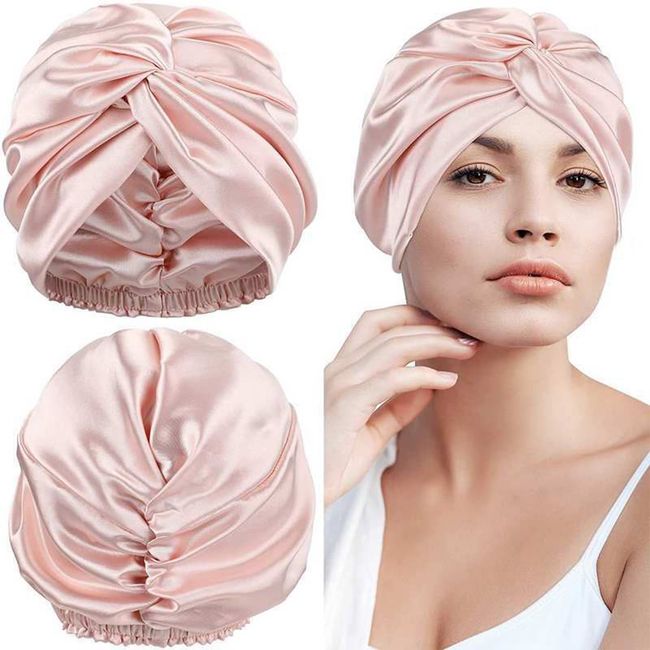 Silk Hair Wrap for Sleeping, Mulberry Silk Bonnet Night Sleep Cap Hair Bonnet for Black Hair Curly Hair, Double-Sided Hair Care Sleeping Head Cover with with Elastic Bow Stay On Head(Pink)…