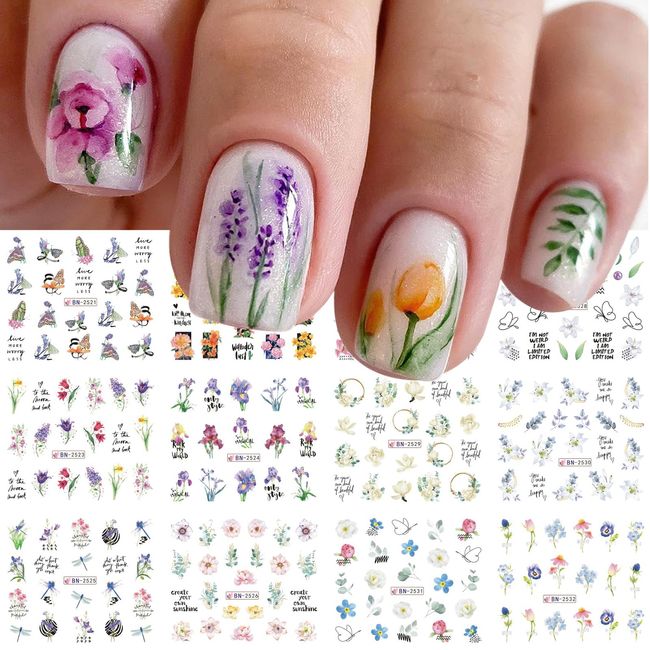 MAIOUSU STORE 12 Sheets Flower Water Transfer Nail Decals Fresh Nail Stickers with Assorted Patterns Blossom Flower Orchid Butterfly Dragonfly DIY Nail Art Watermark Nail Designs Manicure Stickers(12)