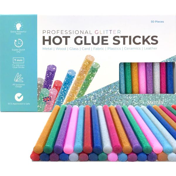 Colourful Hot Glitter Glue Sticks by Smith’s® | 7mm x 100mm | 50 Pack | Grade A+ Glue Gun Refills | Blue, Purple, Green, Red, Aqua, Pink, Gold, Silver | Safe & RoHS Certified | Fits 99.9% of Glue Guns