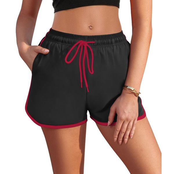 AI'MAGE Women's Swimming Shorts, Summer Swimming Trunks, Quick-Drying Board Shorts, Beach Water Sports Shorts with Liner Pocket, Bikini Shorts, Print Swimming Trunks, S-XXL, Black (black-2)