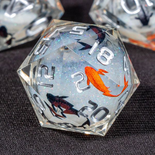 OUKELANWO Liquid Core Koi Fish DND Dice Set D&D with Box, 7Pcs Sharp Edge Resin Dungeons and Dragons Polyhedral Role Playing Gaming Dice, Ocean RPG D and D D20 D12 D10 D8 D6 D4 Dice