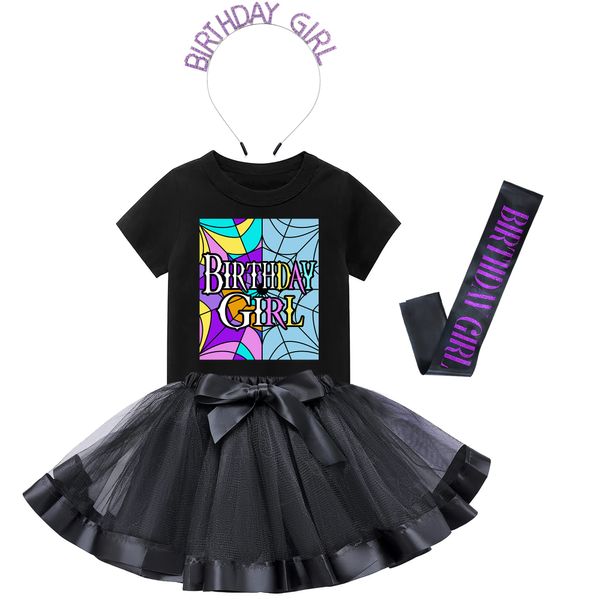 Tutu and Sian Wednesday Gothic Style Birthday Girl Outfit: T-shirt, Tutu Skirt Dress, Birthday Girl Crown and Satin Sash (Spiderweb, 4-5 Years)