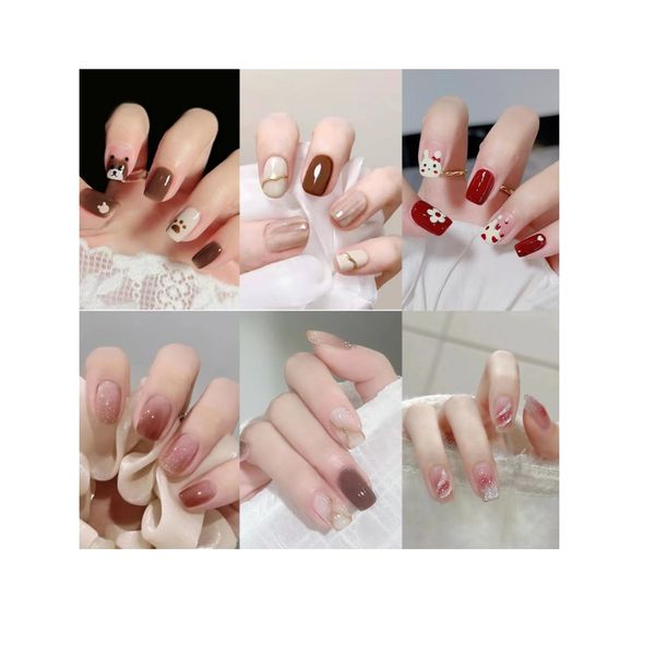 6 Packs(144Pcs) Salon Acrylic Press On Nails, Glossy Glitter Color Gradient Stick on Nails short, Square Shape,6 bottles of Glue,1 Prep Pad,1 Jelly Adhesive Tape,1 Manicure Stick,1 Mini File, Animals