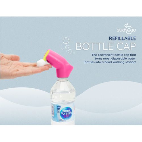 Suds2Go Refillable Caps, 2 Pack - Universal Fit Turns Most Disposable Water Bottles Into A Hand Washing Station - Includes Refillable Soap Reservoir - Conveniently Sized to Take on the Go - Pink
