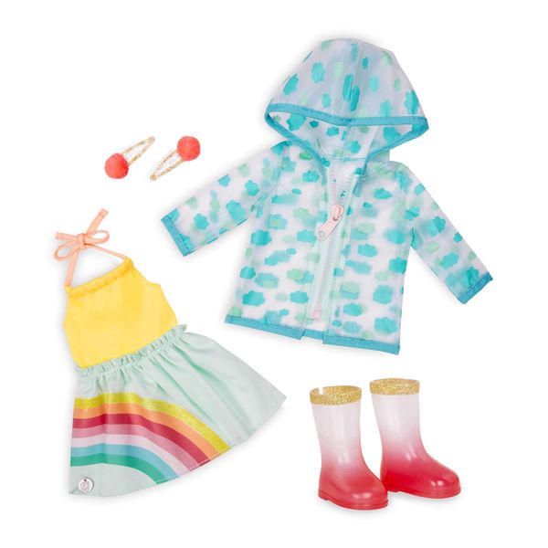 Glitter Girls – 14-inch Doll Clothes - Smile! Rain Or Shine Outfit – Rainbow Dress, Hair Clips, Raincoat, and Rain Boots – Toys, and Accessories for Kids Ages 3 & Up