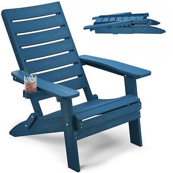 Adirondack Chair, Folding Adirondack Chairs with Arc Back & Cup Holder, Weath...