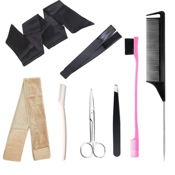 8 Pieces Wig install kit Edge Laying Scarf Stain Wig Grip Band, Edge Brush, Melt band, Razor, Velvet Wig Grip, Eyebrow Tweezers, Hair Cutting Scissors, Pintail Comb for Women Lace Frontal Wigs