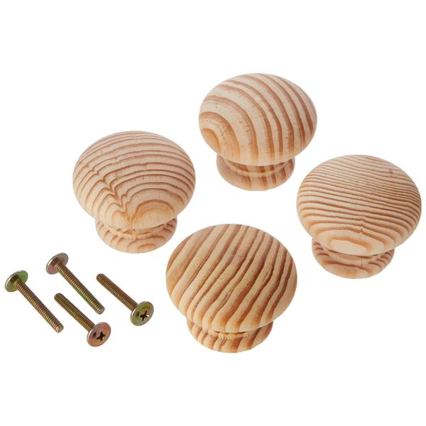 Merriway BH01267 (4 Pcs) Unlacquered Pine Cupboard Cabinet Door Knob, 50mm (2 inch) With Bolt & Insert - Pack of 4 Pieces