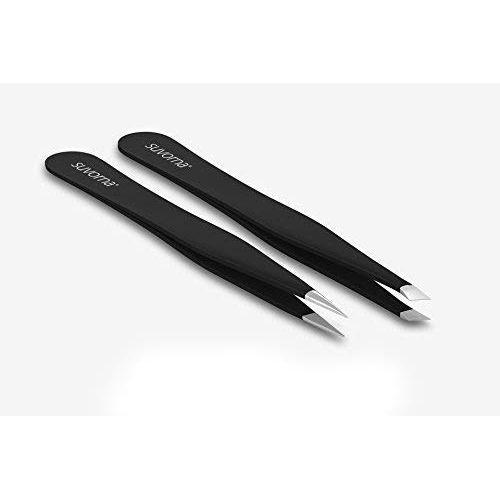 Suvorna 4" Precision Aligned Professional Tweezers Color Sets with Premium Stainless Steel. One Sharp Pointed Pair and One Slant Tip Pair for Eyebrow Shaping. Great for Ingrown Hair (Black)