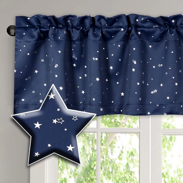 H.VERSAILTEX Blackout Curtain Valances for Kitchen Window/Living Room/Bathroom Privacy Added Rod Pocket Home Decoration Winow Valance, 52" W x 18" L, Glitter Stars in Navy Base