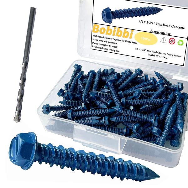 Bobibbi 1/4 x 1-3/4" Hex Head Concrete Screw Anchor, for Anchoring to Masonry, Block or Brick (100Pcs)