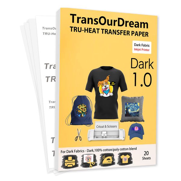 TransOurDream Tru-Heat Transfer Paper for Dark T Shirts & Fabrics 20 Sheets A4 Iron On Transfer Paper with Inkjet Printer Easy to Cricut Bright Colors Printable htv (TRANS-07)