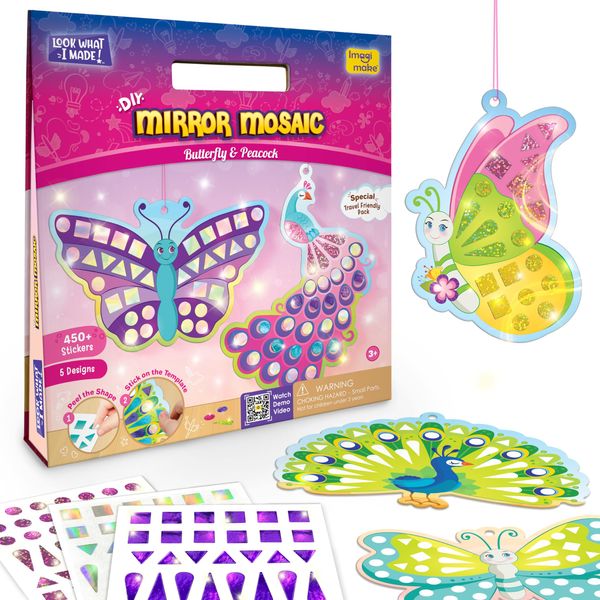 Imagimake Mirror Mosaic Butterfly & Peacock Kids Art Set | DIY Craft Kit | Foil Stickers for Kids | Birthday Gift for Girls and Boys Ages 3,4,5,6,7,8 | Mosaic Kit | 4 Year Old Girl