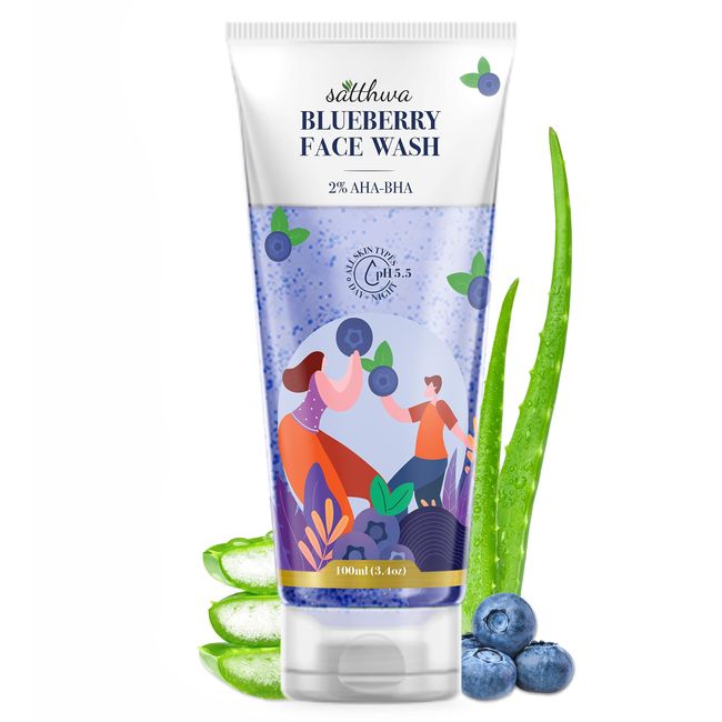 Satthwa Blueberry Face Wash with 2% AHA-BHA, Niacinamide & Blueberry Extracts | Mild formula for Daily Use with Mild Exfoliating Beads with pH 5.5 | 100 ml (3.4oz)