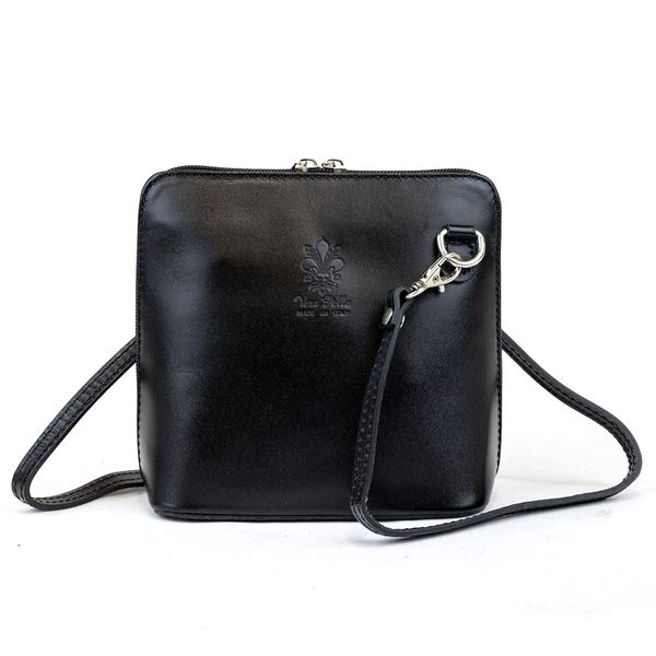 Small Vera Pelle Handbag Genuine Leather Cross Body Bag for Women Italian Mini Shoulder Bag Highquality Strap (Black)