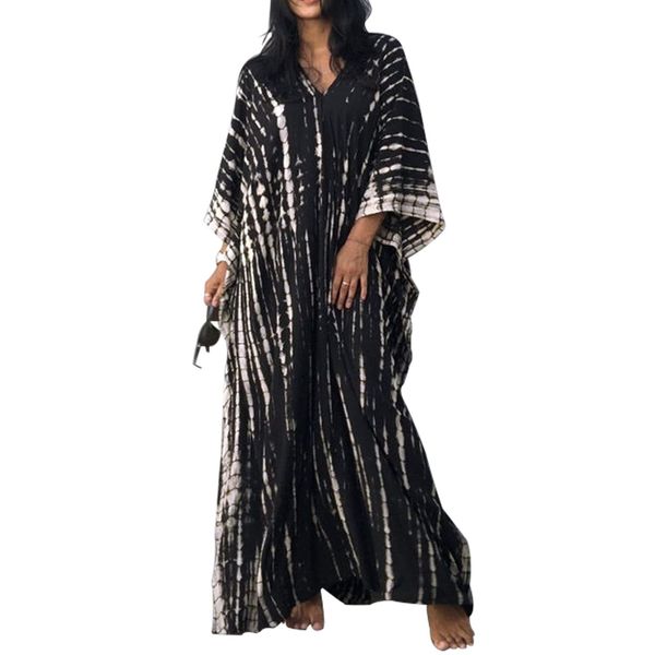 Baynetin Damen Long Strandkleid, Maxi Beach Kleid Boho Kimono Lang Strand Cardigan Beachwear,Strandponcho Druck Lose Kaftan Nachtwäsche Bikini Cover-Up Einheitsgröße (Schwarz)