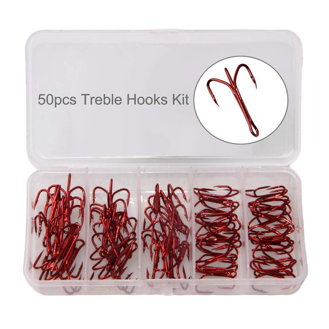 50pcs Fishing Treble Hooks Kit - High Carbon Steel Hooks Strong Sharp Unique Bend Red Treble Fishing Hooks for Hard Bait Lures Saltwater Freshwater Fishing