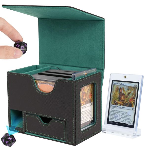 AFIING MTG Deck Box for Commander Display,Card Deck box Fit 100 Double-Sleeved Cards,MTG Card Storage Box with 35pt Magnetic Card Brick and Dice Tray with Dice Tower(Black/Dark Green)