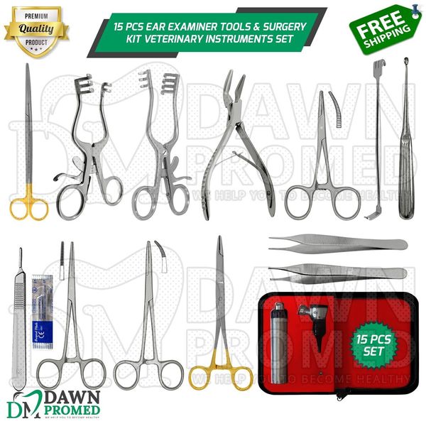 15 Pcs Ear Examiner Tools & Surgery kit German Grade Veterinary Instruments Set