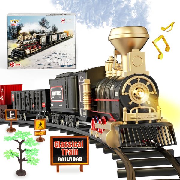 UNIH Train Set,Electric Train Toys with Steam Locomotive Engine,Cargo Car and Long Track, Model Train Set with Smokes,Lights & Sound, Toy Train Gifts for 3 4 5 6 7 8+ Year Old Kids Boys Girls