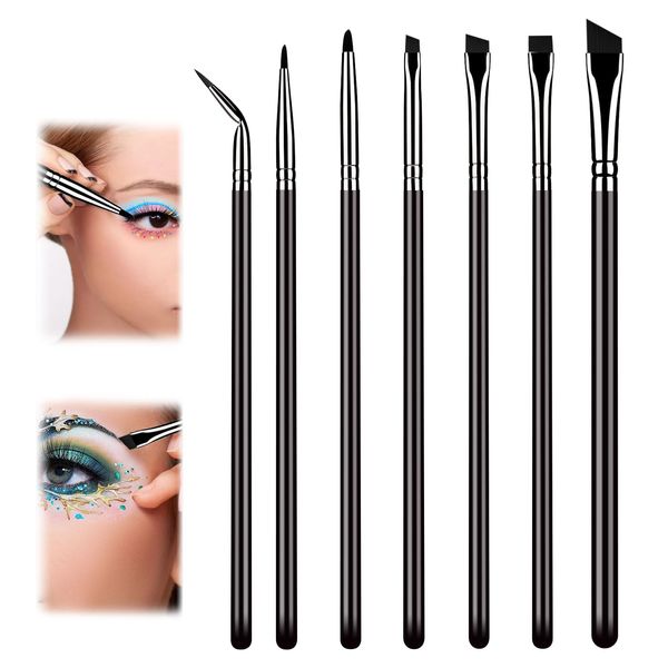 WOOXDYUK 7 Stück Fein Abgewinkeltes Eyeliner-Pinsel-Set, Multifunktionaler Make-up-Pinsel mit Mehreren Winkeln, zum Erstellen Perfekter Geflügelter Liner, für Frauen und Mädchen (Schwarz)