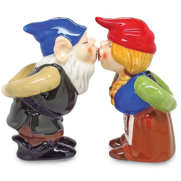 Religious Gifts Kissing Gnome Couple 4 Inch Ceramic Magnetic Salt and Pepper Shaker Set Fun Novelty Gift