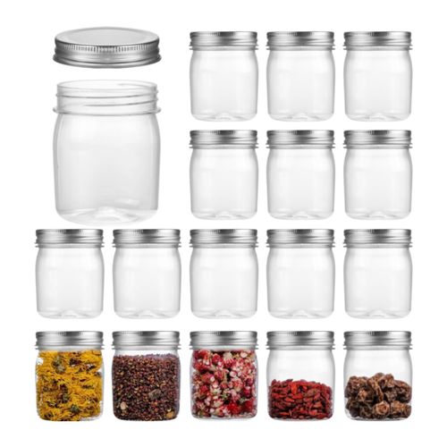 Naivees Plastic Mason Jars Reusable Storage Containers with Silver Airtight Lid 8 Ounce Clear Jars for Dry Foods, Coffee,BPA Free (16 Pack-Sliver)