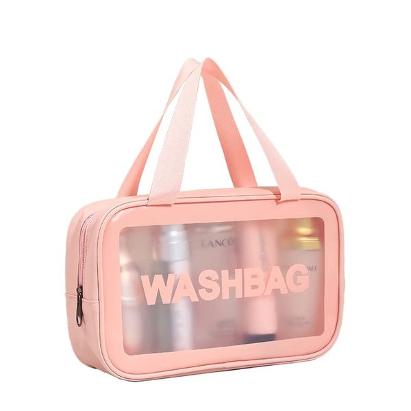 WiViVi Vinyl Pouch, Clear Pouch, Waterproof Travel Pouch, Travel Set, Hot Spring Bag, Translucent PVC Material, Cosmetic Pouch, Makeup Pouch, Spa Bag, Makeup Storage, Large Capacity, Bath Pouch (Pink, Large)