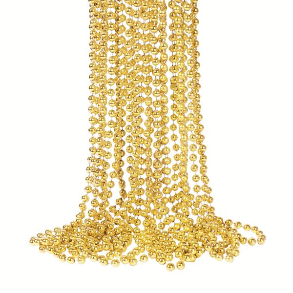 YAXINRUI 33 Inch 7 mm Metallic Gold Bead Necklaces, 15pcs Mardi Gras Beads Bulk Round Beaded Necklaces Costume Necklace for Mardi Gras Party Christmas Festive Events, Party Favors