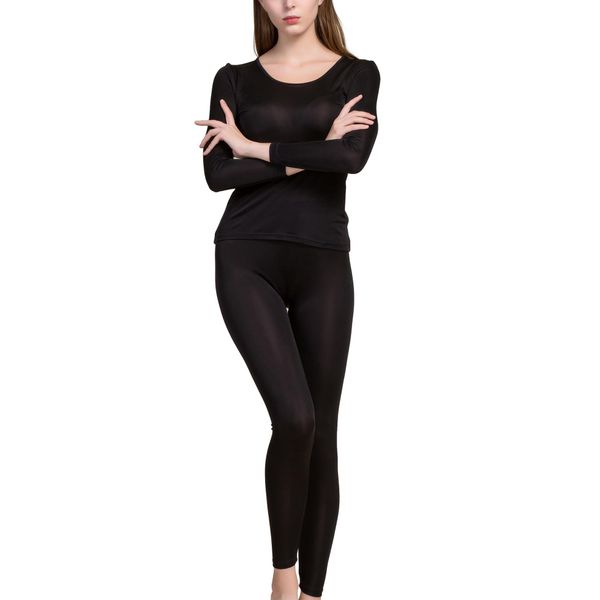 Grenasasilk Womens Silk Long Underwear Mulberry Silk Long Johns Silk Thermal Underwear Sets Cold Weather Base Layer (L, Black)