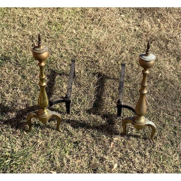 VINTAGE PAIR Federal FIREPLACE ANDIRONS FIRE DOGS, BRASS & CAST IRON