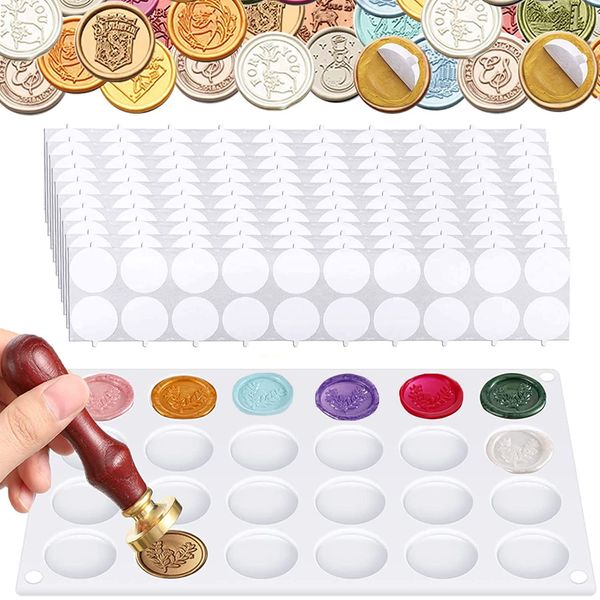 Sealing Stamp, Silicone Pad and 200 Double Sided Sealing Wax Set, Stamp Stand, Plate, Cooling Tool, Melting, Wax Seal, Double Sided Tape, Round Type, Clear Included, Beginners