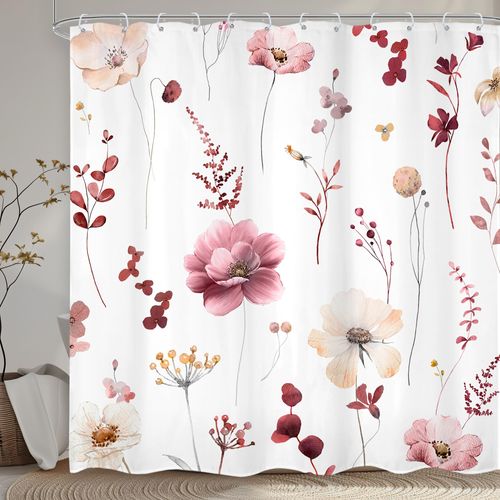 Omifly Watercolor Floral Shower Curtain 72Wx72H Inch Spring Burgundy Flower Print Bathroom Curtain Boho Shower Curtains for Bathroom Waterproof Fabric Washable Shower Curtain Set with 12 Plastic Hooks