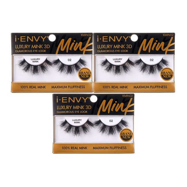 i-ENVY Luxury Mink Collection False Eyelashes 100% Real Mink Glamorous Eye Look Lashes Maximum Fluffiness 3D Multi-Curl Angle (3 Pack)