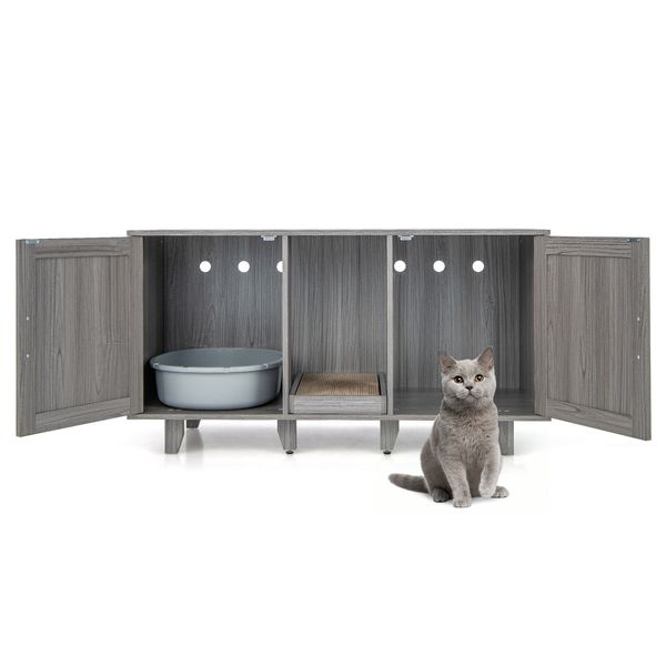 Cat Litter Box Enclosure Hidden Cat Washroom W/ 2 Doors Grey Oak