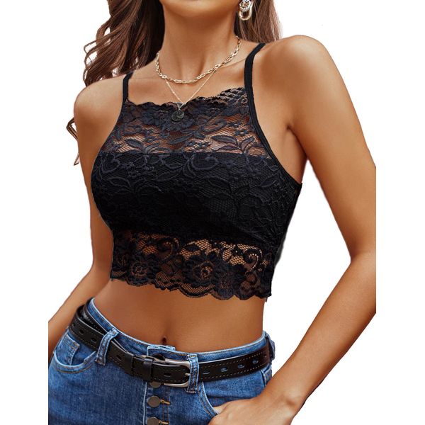 Avidlove Lace Bralette for Women Camisoles Racerback Double-Layered Crop Top (Black, Large)