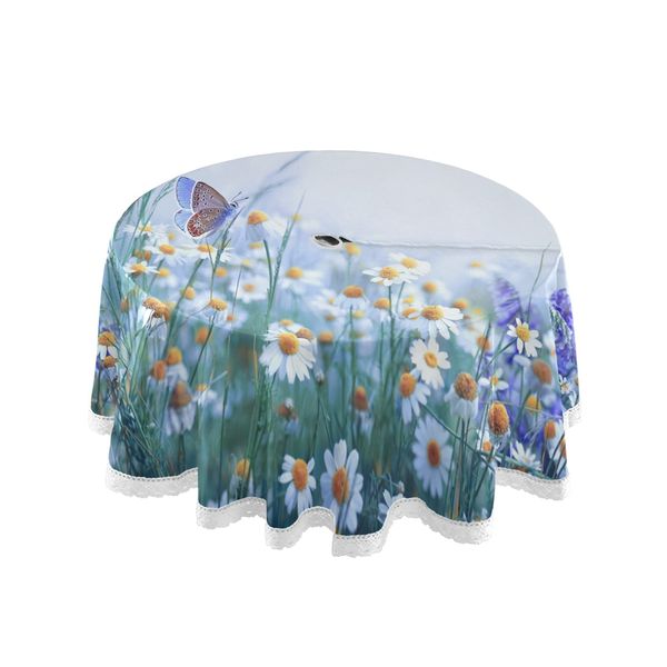 xigua Butterfly Flowers Round Tablecloth with Zipper Umbrella Hole, Waterproof Spillproof Polyester Fabric Table Cover for Outdoor Patio Garden Dining Party, 60 Inch