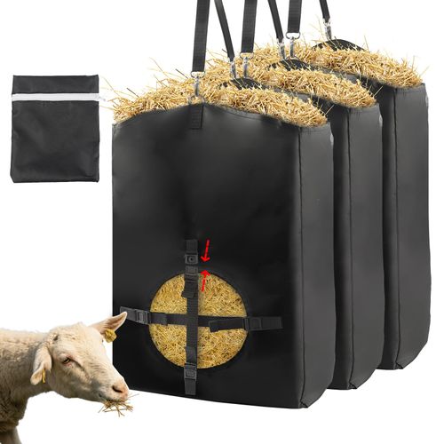 3 PCS Hay Bags for Goats, Metal Clasp and Removable Release Buckle for Horses Slow Feeder Hay Bag, Easy Hanging Adjustable Strap and Reinforced 600D Oxford Fabric Feeding Bag for Goats, Sheep, Donkeys