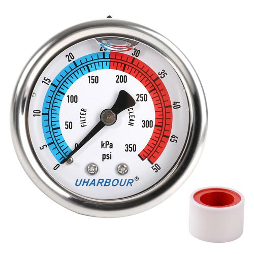 UHARBOUR Water Pressure Gauge,Glycerin Filled, 0-50 PSI/350KPA Test Gauge for The Irrigation, Pools; 2" Dial, 1/4" NPT Back Mount with Seal Tape