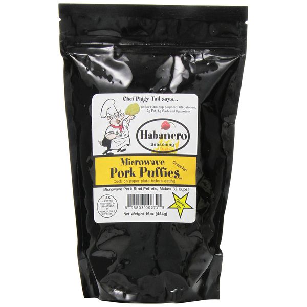 Chef Piggy Tail Microwave Pork Puffies Pork Rinds, Habanero, 16 Oz