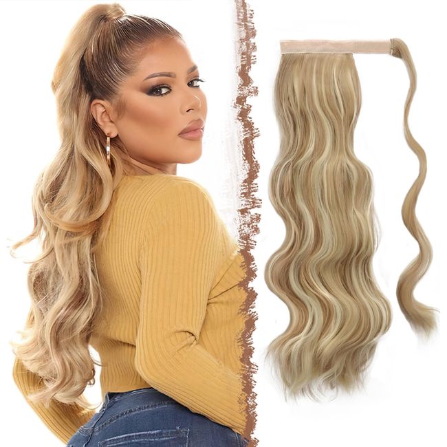 FESHFEN Zopf Pferdeschwanz Haare Extensions Lang Wellig Lockig Clip in Ponytail Synthetik Haarzopf Haarverlängerung Haarteil für Damen, Helles Aschbraun & Bleichblond 60 cm