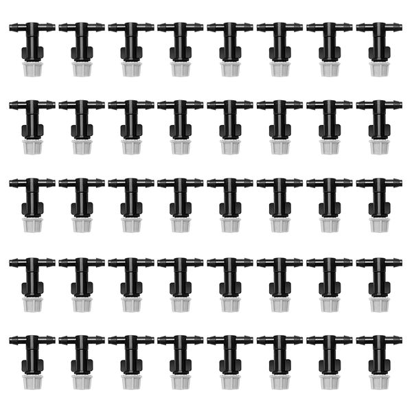 40 PCS 1/4 Inch Adjustable Irrigation Dripper Sprinklers, VooGenzek Micro Emitter Drippers with Tee Joint, for 4/7mm Garden Hose, Micro Watering Sprinklers for Garden, Lawn, Greenhouse, Gray