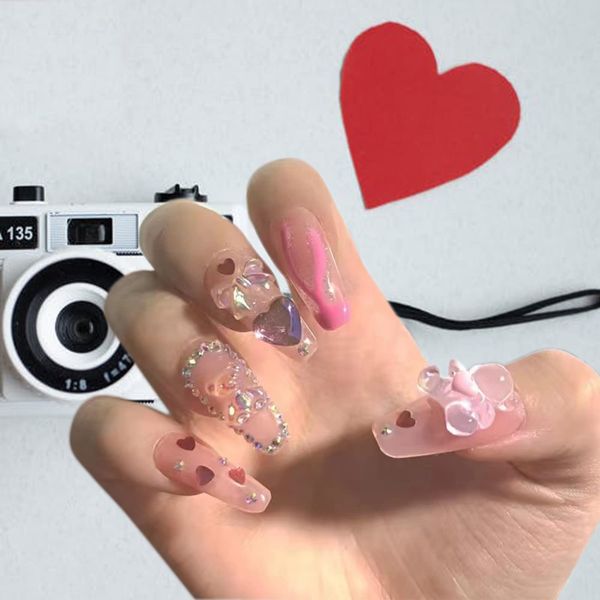 Nude Heart Press on Nails Medium Acrylic Press on Fake Nails,24 Pieces Bear Diamond Coffin False Nails Glossy Full Cover Fake Nails with Nail Glue Tabs Stick on Nails for women