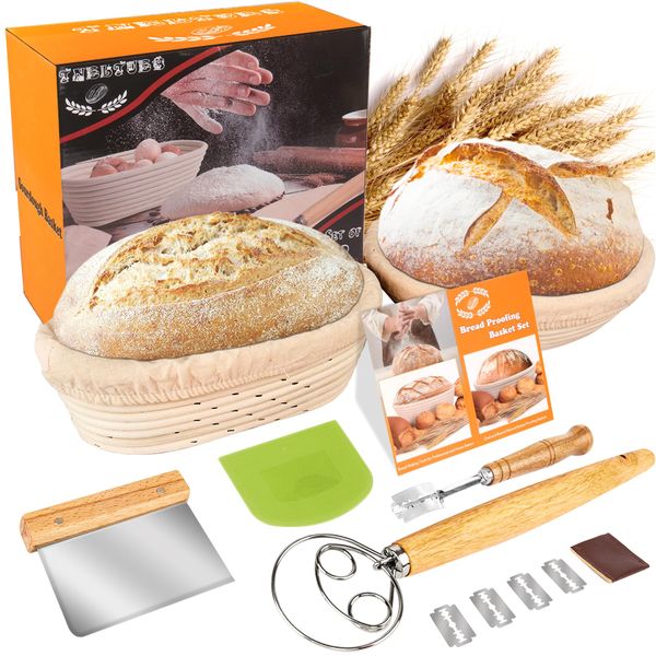 TNELTUEB Bread Proofing Basket Set, Incl 10'' Round & 9.6'' Oval Rattan Banneton, Dough Whisk, Scraper, Lame, Linen - Natural