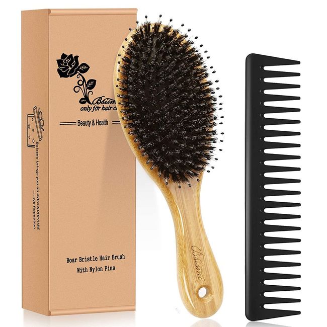 Hair Brush Comb Set Boar Bristle Hairbrush for Curly Thick Long Fine Dry Wet Hair,Best Travel Bamboo Paddle Detangler Detangling Hair Brushes for Women Men Kids Adding Shine Smoothing Hair