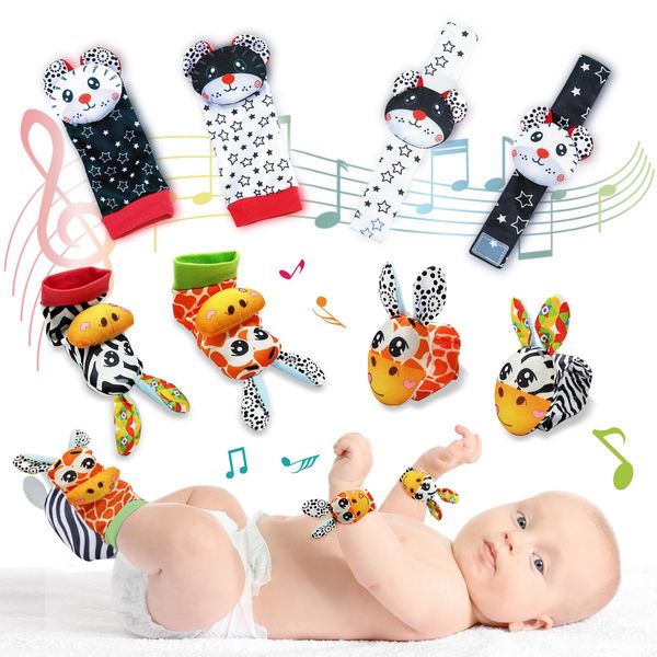 Adpartner Baby Rattles Toys for 0-12 Months Babies, 8PCS Infant Wrist Rattles Foot Finder Socks Set, Newborn Hand & Foot Rattle Toys Soft Baby Toy Activity Rattles Present Gift for Infants Boys Girls