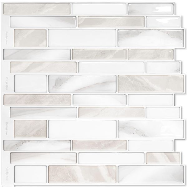 Vamos Tile 10 Sheets Peel and Stick Backsplash Tiles, 12"x12" Light Color Stick on Wall Tiles, Self Adhesive Tile Sticker for Kitchen Backsplash and Bathroom(Beige & Statuario White)